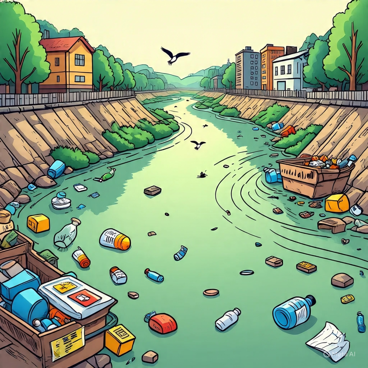 A ilustração de um rio poluído