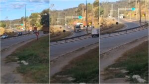 Três imagens, que mostram uma carreta entrando na contramão na BR-381