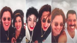 Uma montagem de três fotos, onde Ozzy é visto ao lado de Amy Whinehouse, Michael Jackson e Freddie Mercury, respectivamente