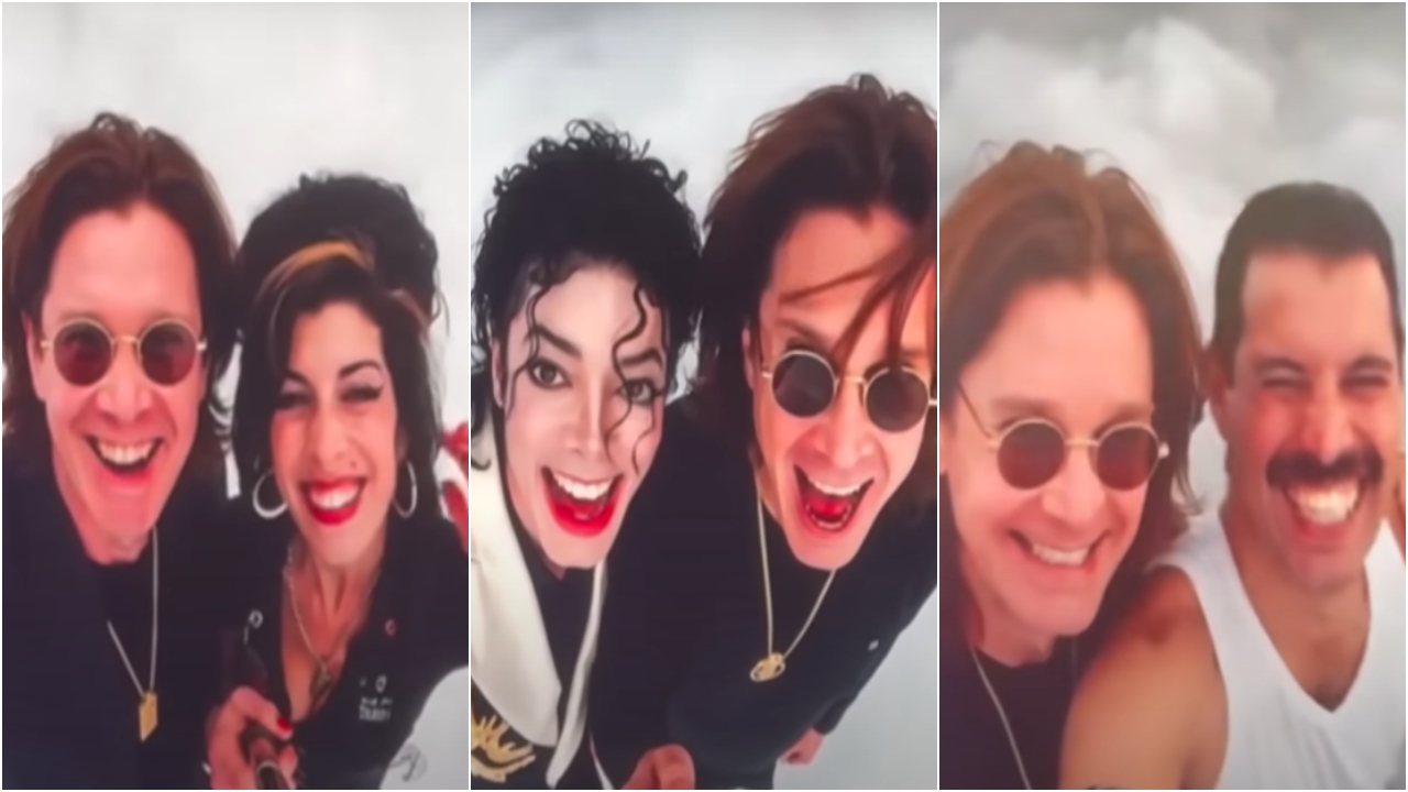 Uma montagem de três fotos, onde Ozzy é visto ao lado de Amy Whinehouse, Michael Jackson e Freddie Mercury, respectivamente