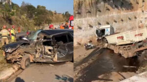 carro e caminhão destruídos após a batida
