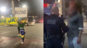 manifestante na praça sete e homem conversando com guarda