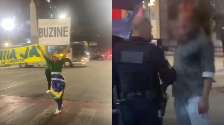 manifestante na praça sete e homem conversando com guarda