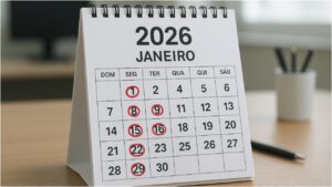 Um calendário de janeiro de 2026, com datas circuladas em vermelho
