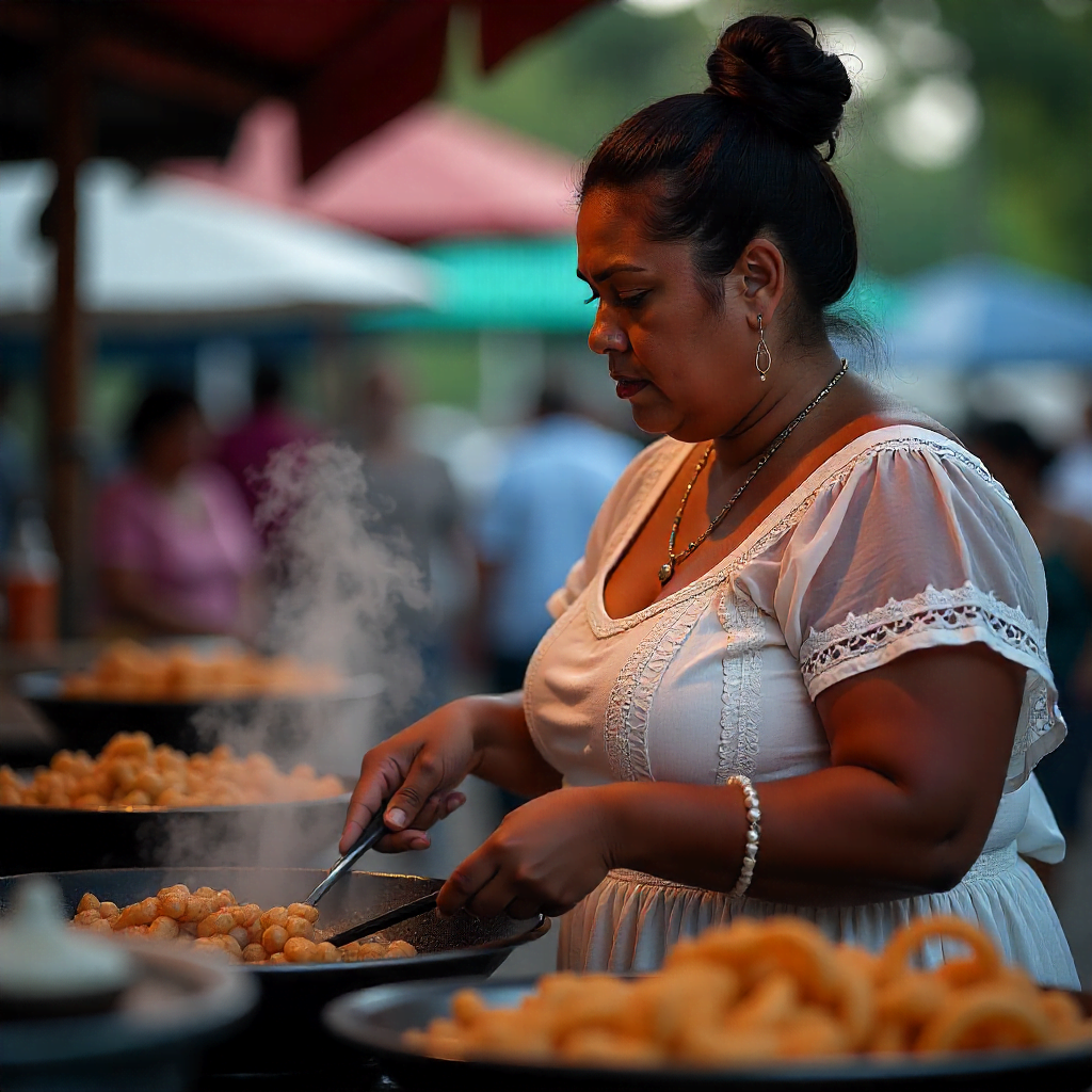 Feirante com sobrepeso prepara comida em panelas