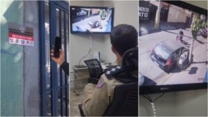 Três imagens, que mostram o funcionamento do programa: na primeira, um celular aponta para um QR Code. No segundo, a PM analisa imagens em uma câmera de segurança. No terceiro, as imagens da câmera em detalhe.