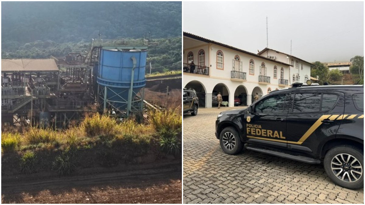 Na direita, um dos locais investigados pela Operação Rejeito. Na esquerda, uma viatura da Polícia Federal.