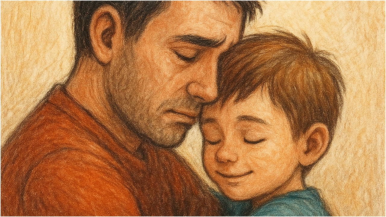 Um pai abraçando seu filho