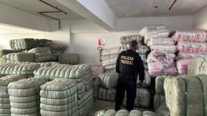 Um agente da Polícia Federal parado em frente à mercadorias contrabandeadas.