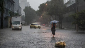 mulher andando na chuva