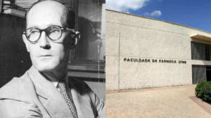 Carlos Drummond de Andrade ao lado da fachada do prédio de Farmácia