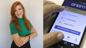 professora de braços cruzados e sorrindo; ao lado, um celular com inscrição do Enem