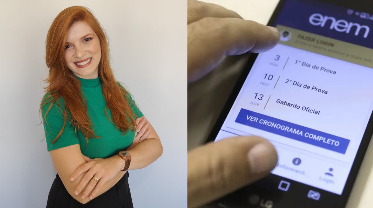 professora de braços cruzados e sorrindo; ao lado, um celular com inscrição do Enem