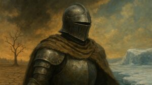 Um cavaleiro medieval, visto à frente de uma terra arrasada