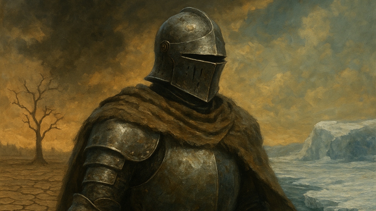 Um cavaleiro medieval, visto à frente de uma terra arrasada