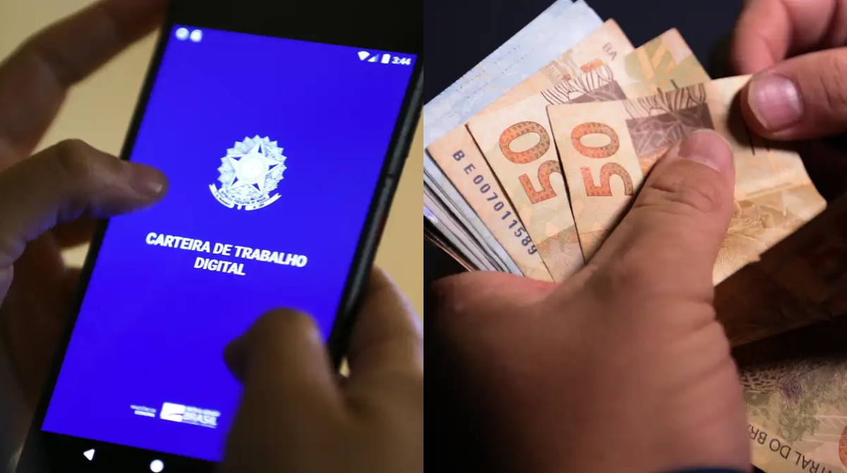pessoa segurando celular com app da carteira de trabalho e, ao lado, pessoa segurando notas de dinheiro