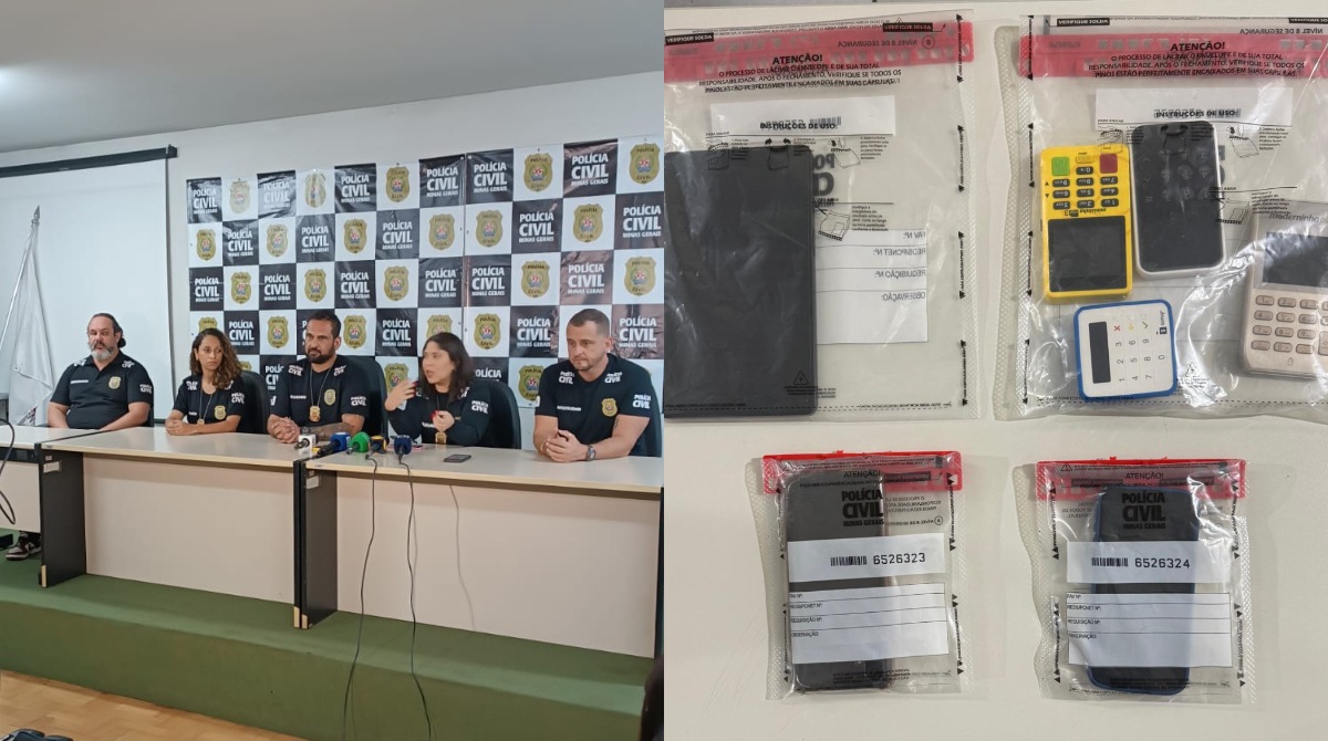 equipe de investigadores e material apreendido