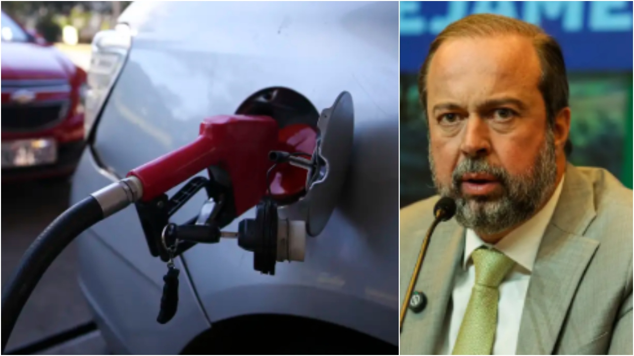 Em montagem: uma bomba de combustível e o ministro das minas e energia, Alexandre Silveira