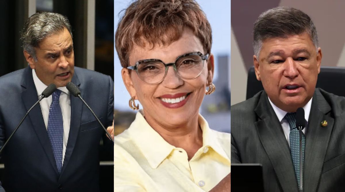 Marília Campos (PT) desponta como favorita por uma cadeira no Senado Federal por Minas Gerais, seguida por Aécio Neves (PSDB) e Carlos Viana (PSD). (Foto: Divulgação/PT; Wilson Dias/Agência Brasil e José Cruz/Agência Brasil)