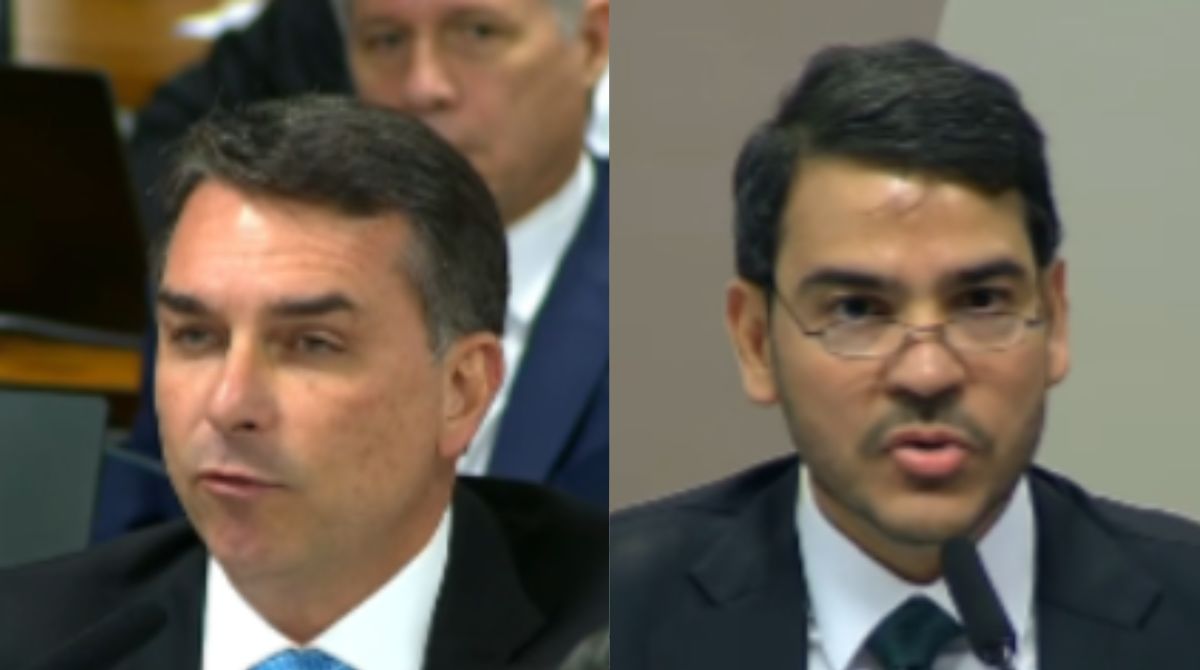 Sabatina ao STF: Messias e Flávio Bolsonaro travam embate sobre anistia e fraudes no INSS. (Foto: Reprodução/TV Senado)