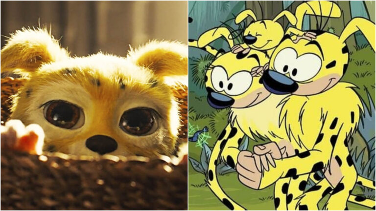 foto mostra montagem entre desenho e live action de Marsupilami