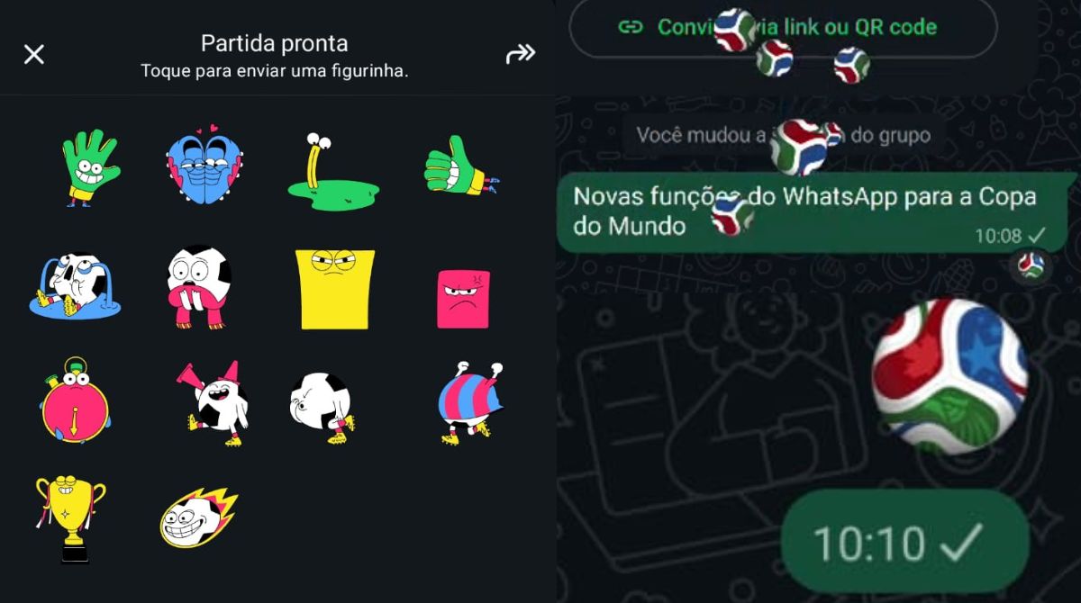 WhatsApp libera pacote de figurinhas da Copa do Mundo, filtros para chamadas de vídeo e reações animadas com a bola oficial. (Foto: Reprodução/WhatsApp)