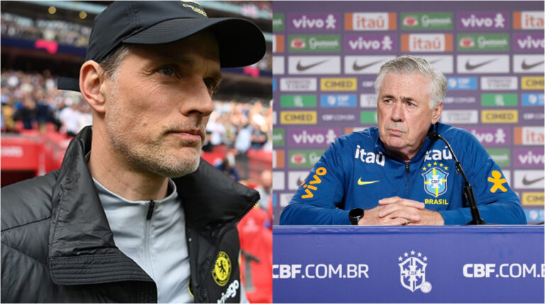 thomas tuchel no campo e carlo ancelotti em entrevista coletiva