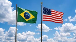 Governo americano oficializa taxa de 25% sobre exportações do Brasil, mas poupa café, carne e ferro-gusa para evitar escassez interna. (Foto: Produzida por IA)