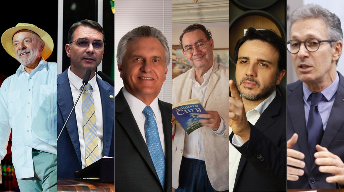 Primeiro debate com candidatos à Presidência de 2026 será realizado neste domingo na Band. (Foto: Lula- Ricardo Stuckert / Flávio Bolsonaro - Jefferson Rudy/ Ronaldo Caiado - Senado Federal/ Augusto Cury - site próprio/ Renan Santos - Partido Missão/ Romeu Zema - Câmara dos Deputados)