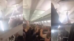 Estrutura interna de cabine cai sobre passageiros após falha técnica em avião no Irã. Pouso de emergência não deixou feridos. (Foto: Reprodução/X/ThayzzySmith)
