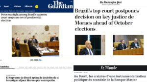 Veículos como El País, The Guardian, Washington Post e Le Monde destacam impasse e trocas de acusações no STF em cobertura internacional. (Foto: Reprodução/El Pais/The Guardian/Washington Post/Le Monde e Flickr/STF)