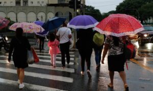 Moradores se protegem com guarda-chuva